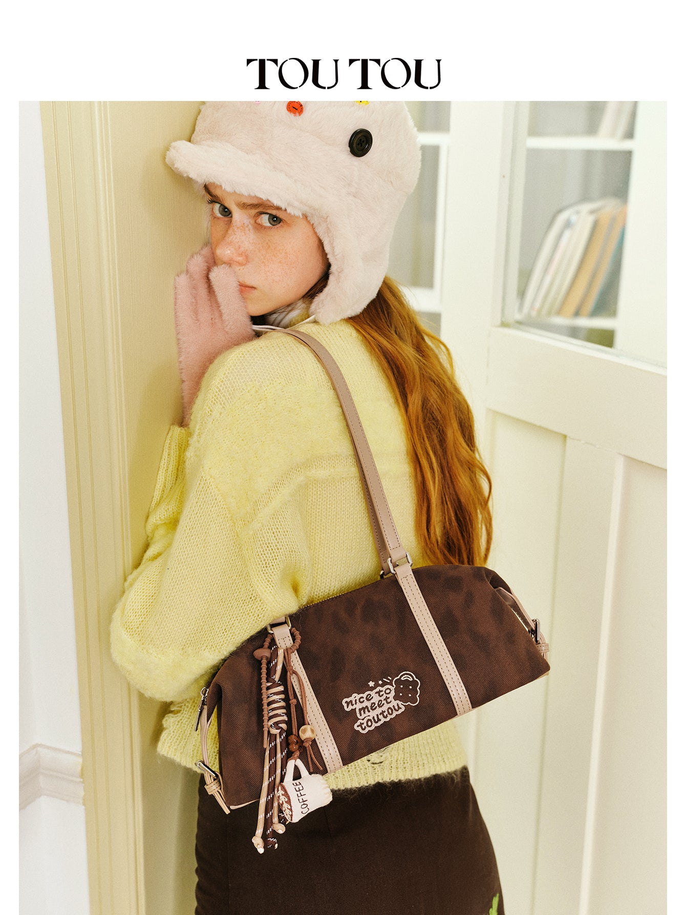 TOUTOU Brown Hobo Shoulder Bag - Cute "Nice to Meet Toutou" Embroidery & Coffee Charm, Fits 8.3" Tablet