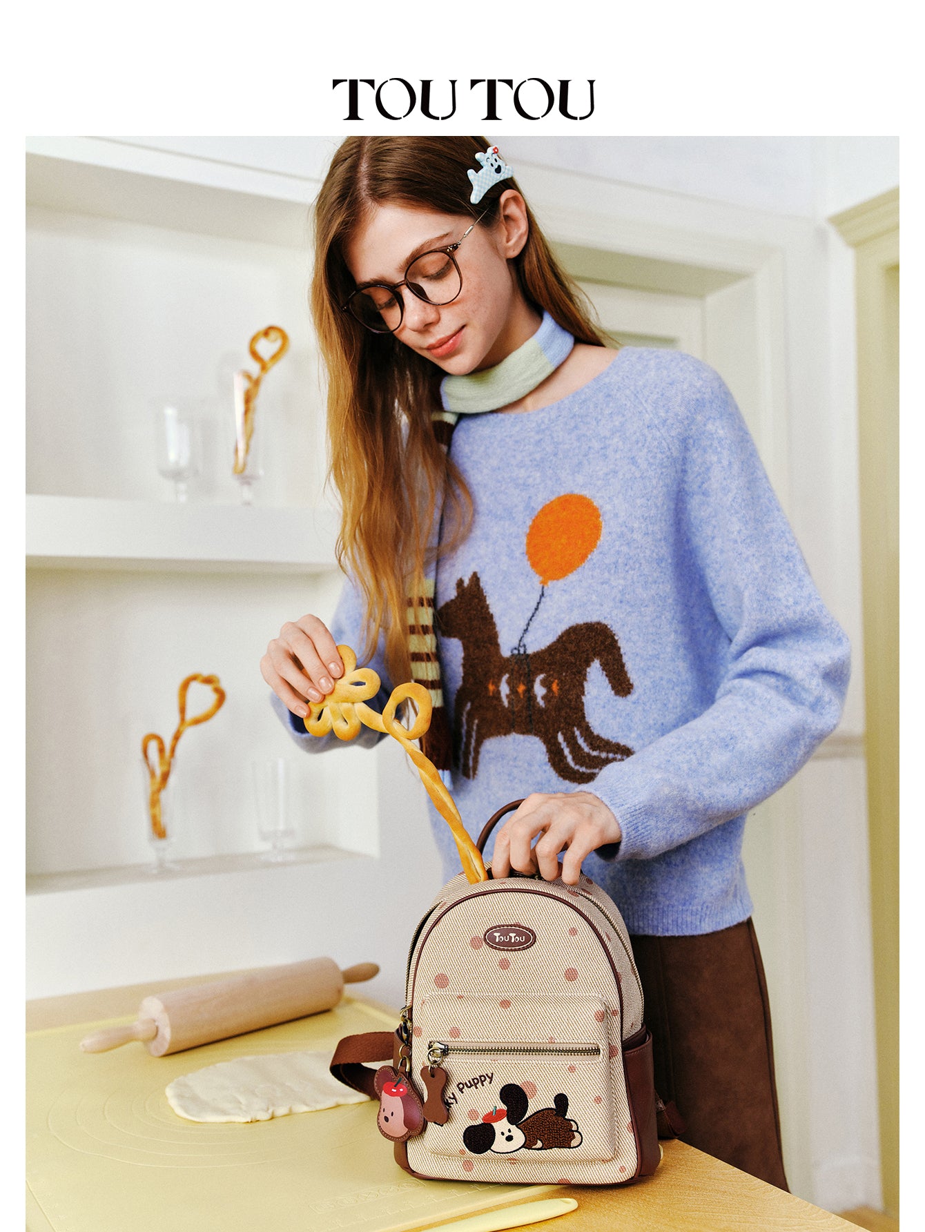 TOUTOU Cartoon Puppy Mini Backpack for Women - Polka Dot Design with Adjustable Strap & Multiple Pockets