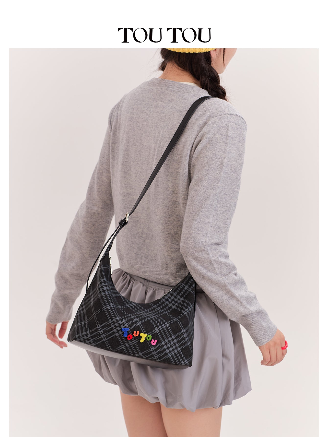 TOUTOU Black Plaid Hobo Bag with Colorful Branding: Trendy & Playful