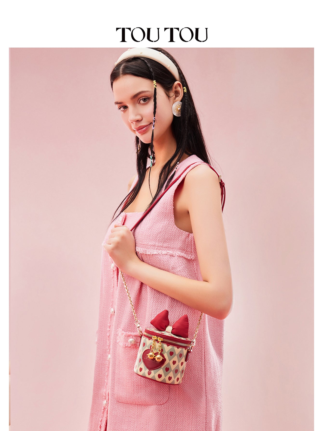 TOUTOU Heart Print Cylinder Crossbody Bag - Cute Bow Decor Mini Shoulder Bag with Chain Strap