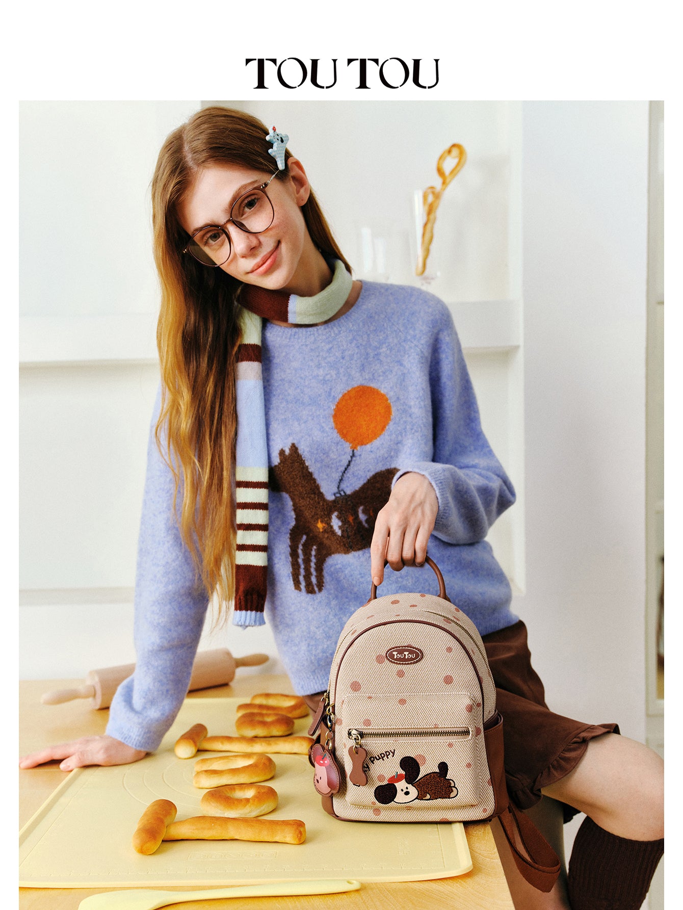 TOUTOU Cartoon Puppy Mini Backpack for Women - Polka Dot Design with Adjustable Strap & Multiple Pockets