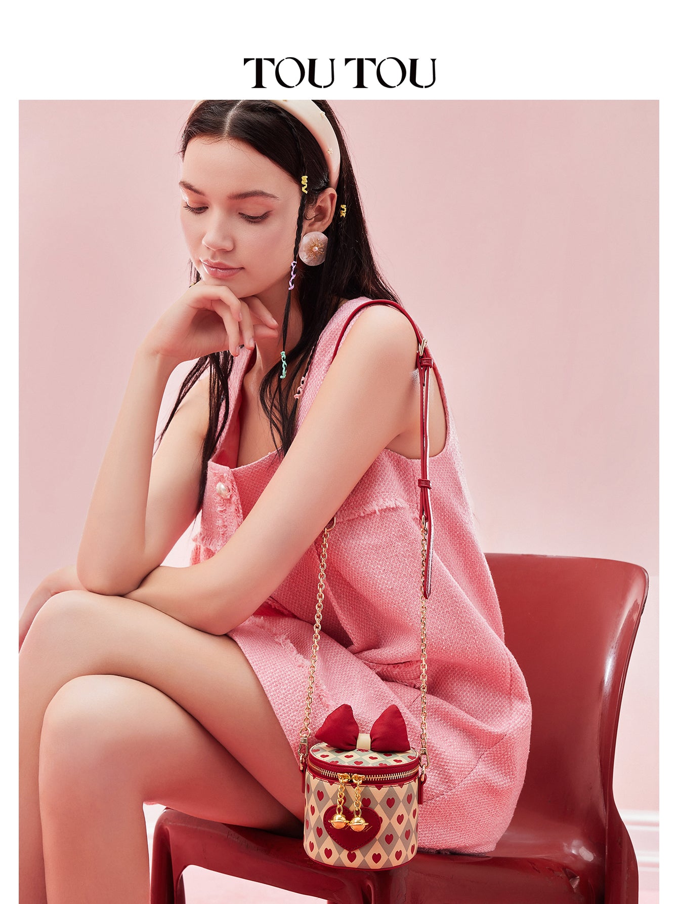 TOUTOU Heart Print Cylinder Crossbody Bag - Cute Bow Decor Mini Shoulder Bag with Chain Strap