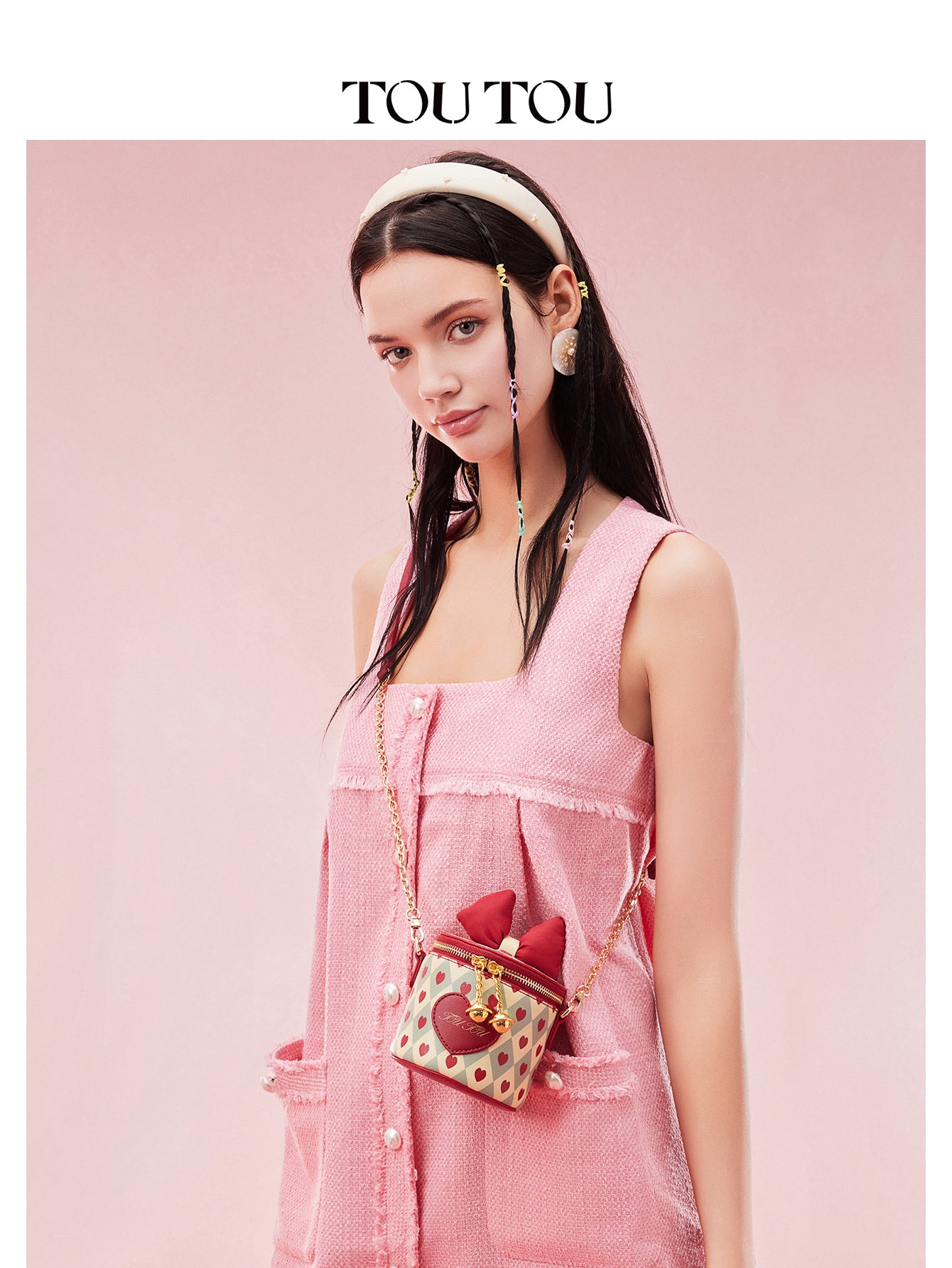TOUTOU Heart Print Cylinder Crossbody Bag - Cute Bow Decor Mini Shoulder Bag with Chain Strap