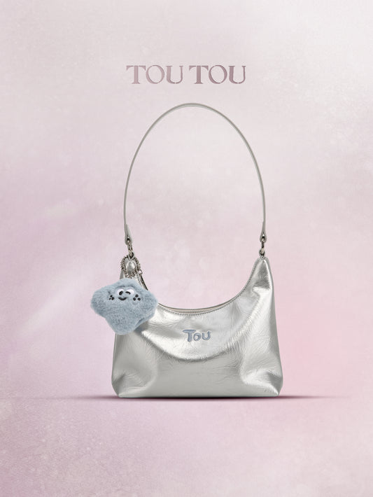 TOUTOU Metallic Hobo Bag with Plush Pendant: Shiny & Cute