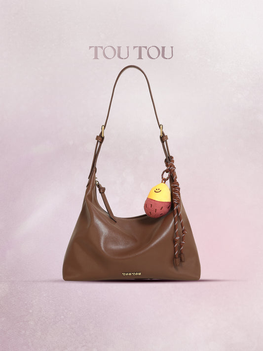 TOUTOU Brown Hobo Bag: Plush Fruit Pendant & Versatile Styling