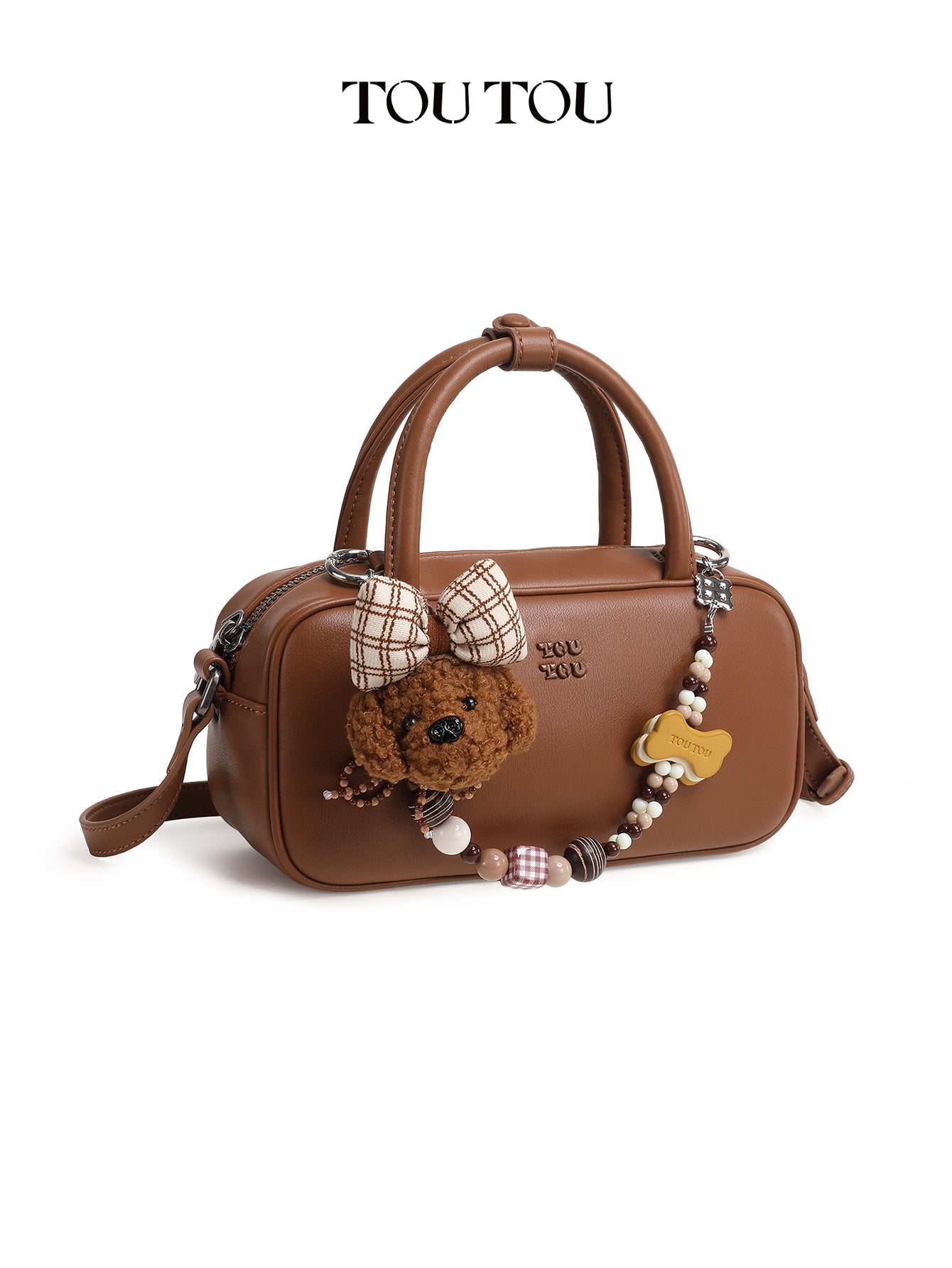 TOUTOU Cute Puppy Charm Crossbody Bag - Available in Smooth Leather or Soft Suede with Beaded Chain