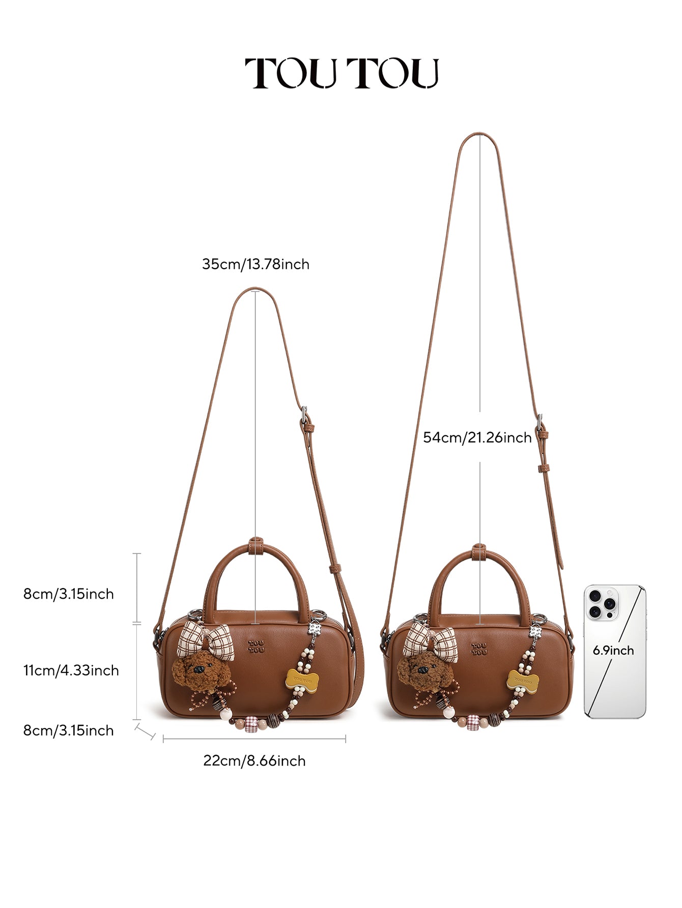TOUTOU Cute Puppy Charm Crossbody Bag - Available in Smooth Leather or Soft Suede with Beaded Chain