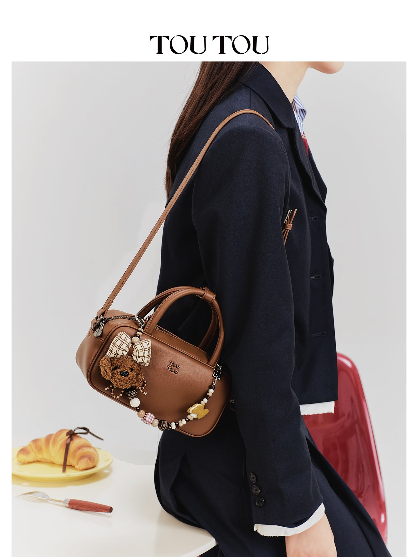 TOUTOU Cute Puppy Charm Crossbody Bag - Available in Smooth Leather or Soft Suede with Beaded Chain