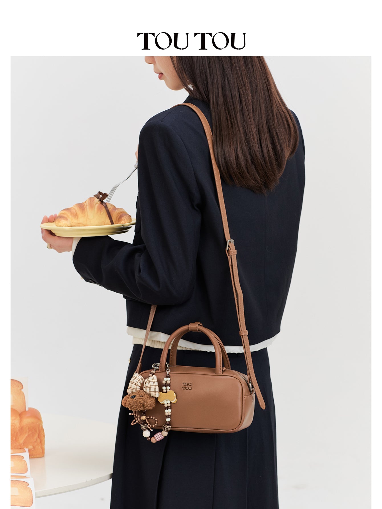 TOUTOU Cute Puppy Charm Crossbody Bag - Available in Smooth Leather or Soft Suede with Beaded Chain