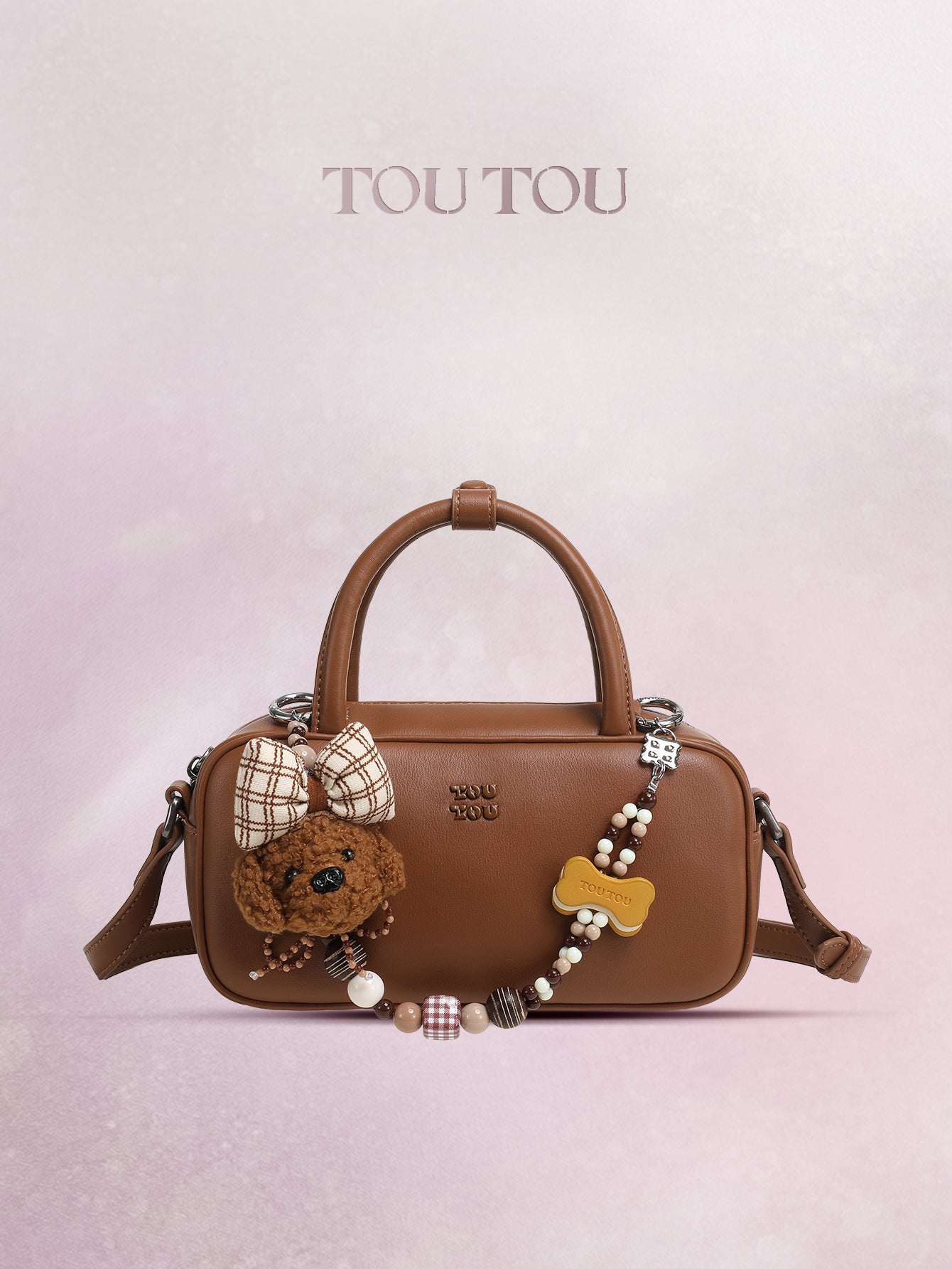 TOUTOU Cute Puppy Charm Crossbody Bag - Available in Smooth Leather or Soft Suede with Beaded Chain