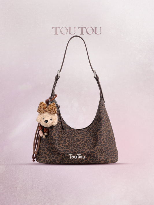 TOUTOU Leopard Print Hobo Bag for Women with Plush Puppy Pendant | Adjustable Strap & Synthetic Leather