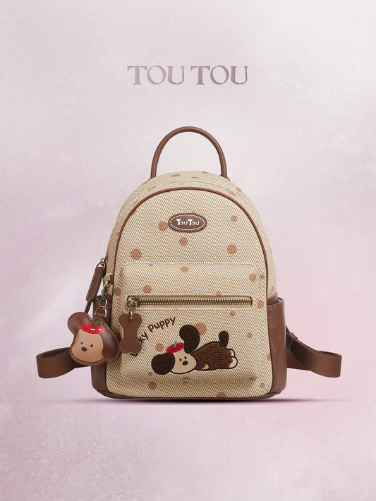 TOUTOU Cartoon Puppy Mini Backpack for Women - Polka Dot Design with Adjustable Strap & Multiple Pockets