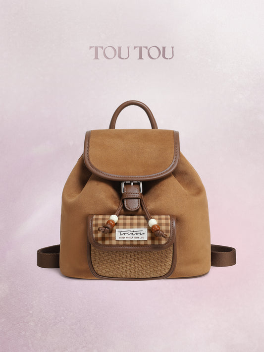 TOUTOU Suede Backpack for Women - Vintage Plaid Decor, Adjustable Strap, Multi-Pocket Design