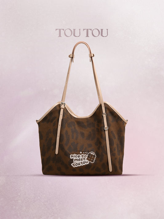 TOUTOU Leopard Print Tote Bag with “Nice to Meet Toutou” Embroidery - Spacious Shoulder Bag for Daily Use (Fits 13" Laptop)