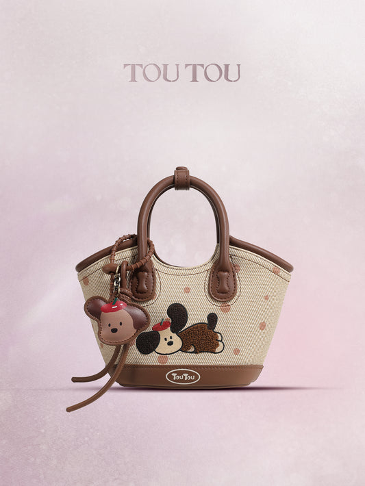 TOUTOU Cartoon Dog Embroidered Tote Bag - Mother-Daughter Set with Removable Strap & Cosmetic Pouch