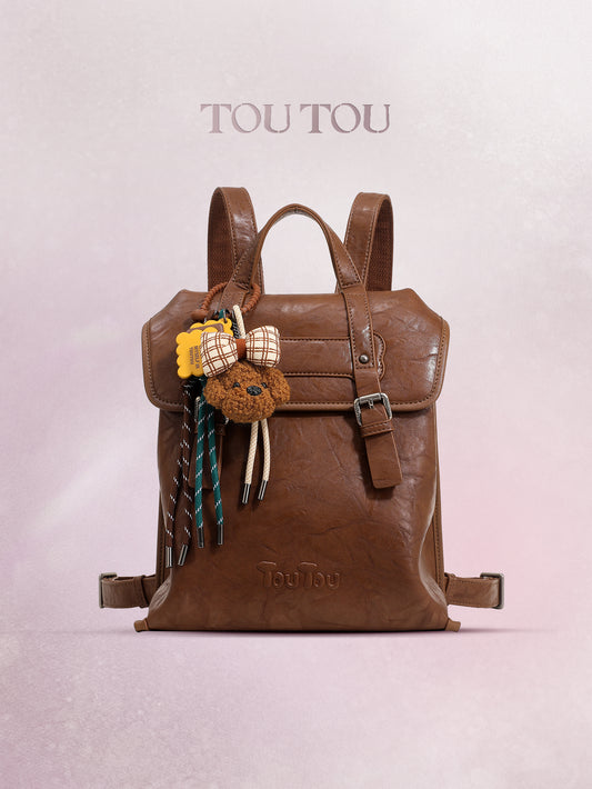 TOUTOU Vintage Microfiber Leather Backpack with Plush Pendant – Fits 8.3'' Device, Adjustable Strap