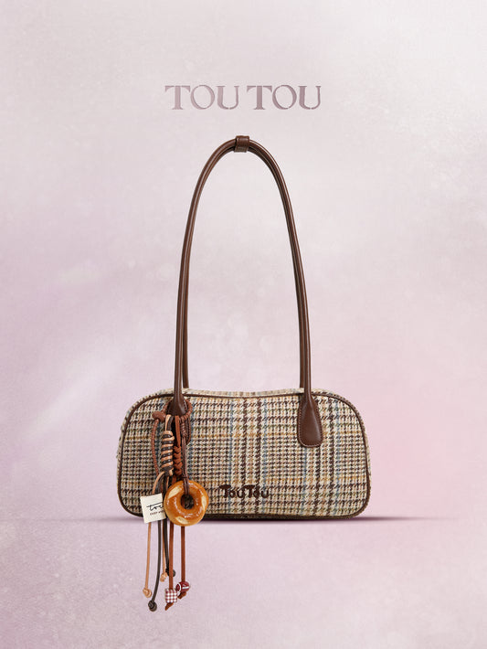 TOUTOU Plaid Woolen Shoulder Bag - Retro Style Top-Handle Bag with Donut Pendant
