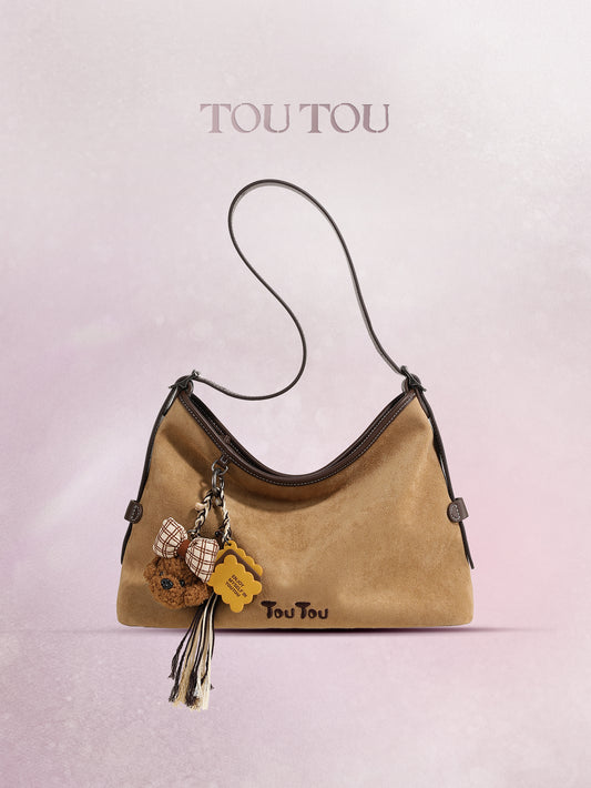 TOUTOU Beige Hobo Bag with Plush Bear Pendant: Retro & Playful