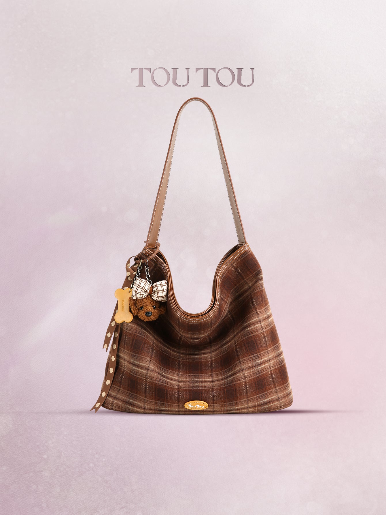 TOUTOU Plaid Hobo Bag for Women - Plush Teddy Pendant, Large Capacity Tote Fits 13" Laptop