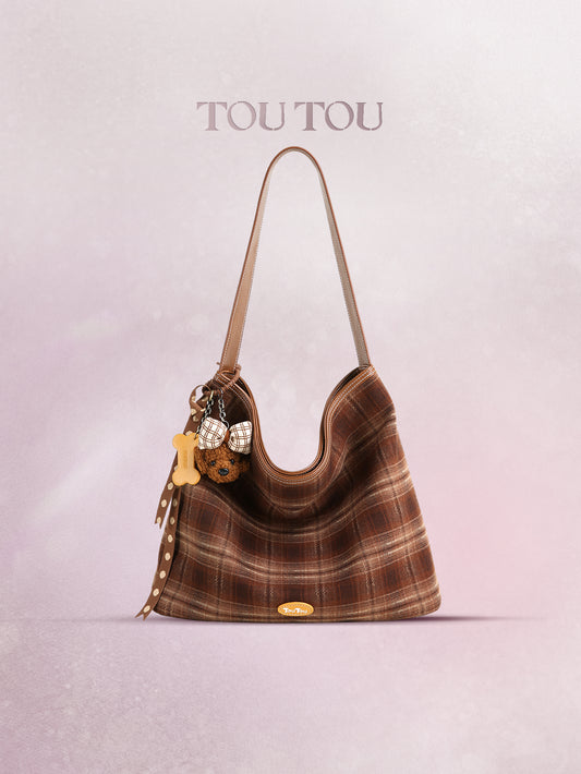 TOUTOU Plaid Hobo Bag for Women - Plush Teddy Pendant, Large Capacity Tote Fits 13" Laptop