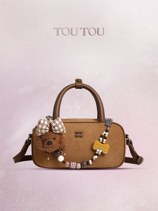 TOUTOU Cute Puppy Charm Crossbody Bag - Available in Smooth Leather or Soft Suede with Beaded Chain