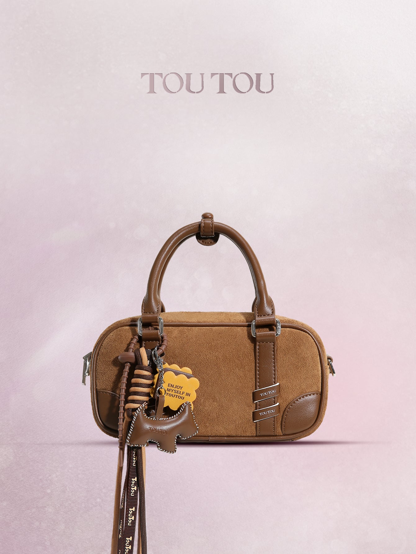 TOUTOU Brown Suede Boston Bag with Cute Pendant: Stylish & Compact