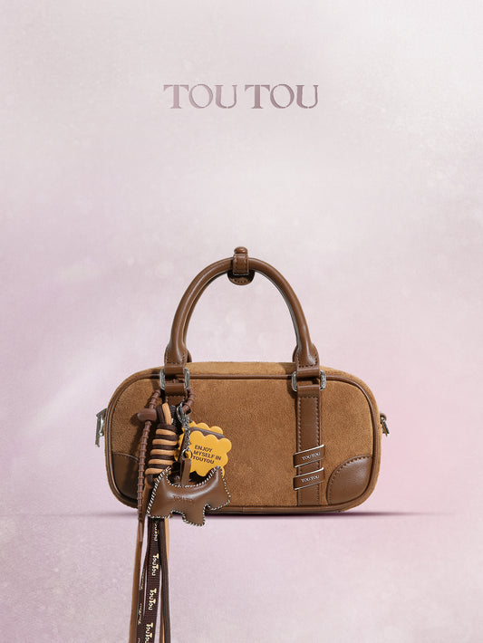 TOUTOU Brown Suede Boston Bag with Cute Pendant: Stylish & Compact