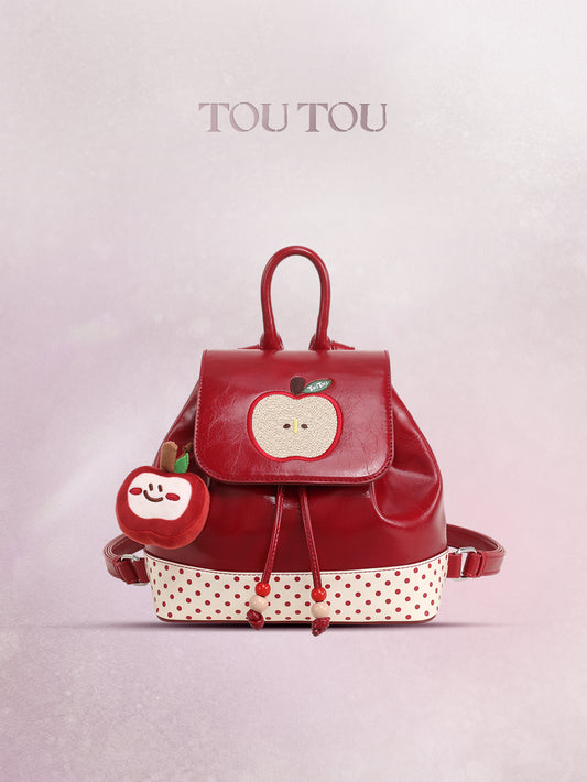 TOUTOU Cute Apple Embroidered Mini Backpack - Red Synthetic Leather Bag with Plush Pendant