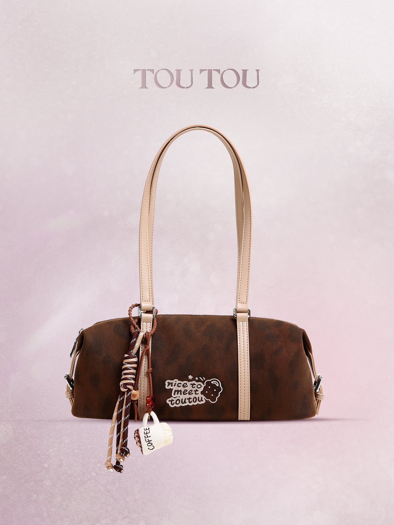 TOUTOU Brown Hobo Shoulder Bag - Cute "Nice to Meet Toutou" Embroidery & Coffee Charm, Fits 8.3" Tablet