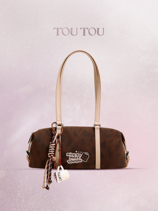 TOUTOU Brown Hobo Shoulder Bag - Cute "Nice to Meet Toutou" Embroidery & Coffee Charm, Fits 8.3" Tablet