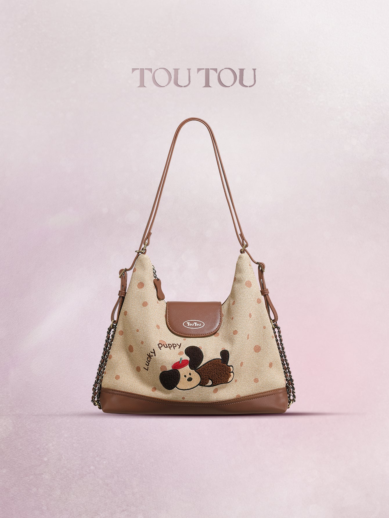 TOUTOU Cute Cartoon Puppy Embroidered Hobo Bag - Microfiber Leather Shoulder Bag with Adjustable Strap 41174
