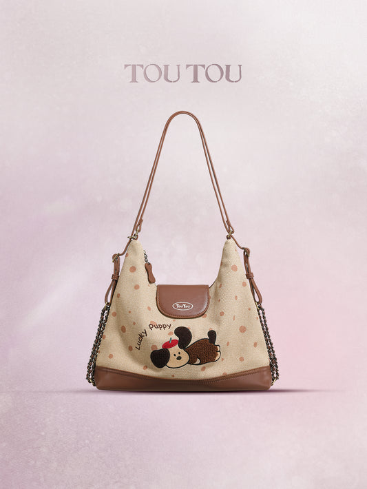 TOUTOU Cute Cartoon Puppy Embroidered Hobo Bag - Microfiber Leather Shoulder Bag with Adjustable Strap 41174