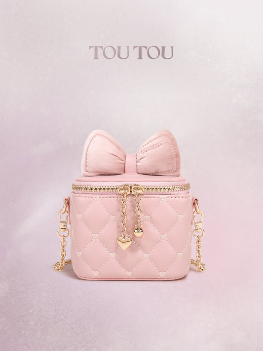 TOUTOU Cute Pink Mini Crossbody Bag with Velvet Bow - Quilted Heart Pattern Purse for Women
