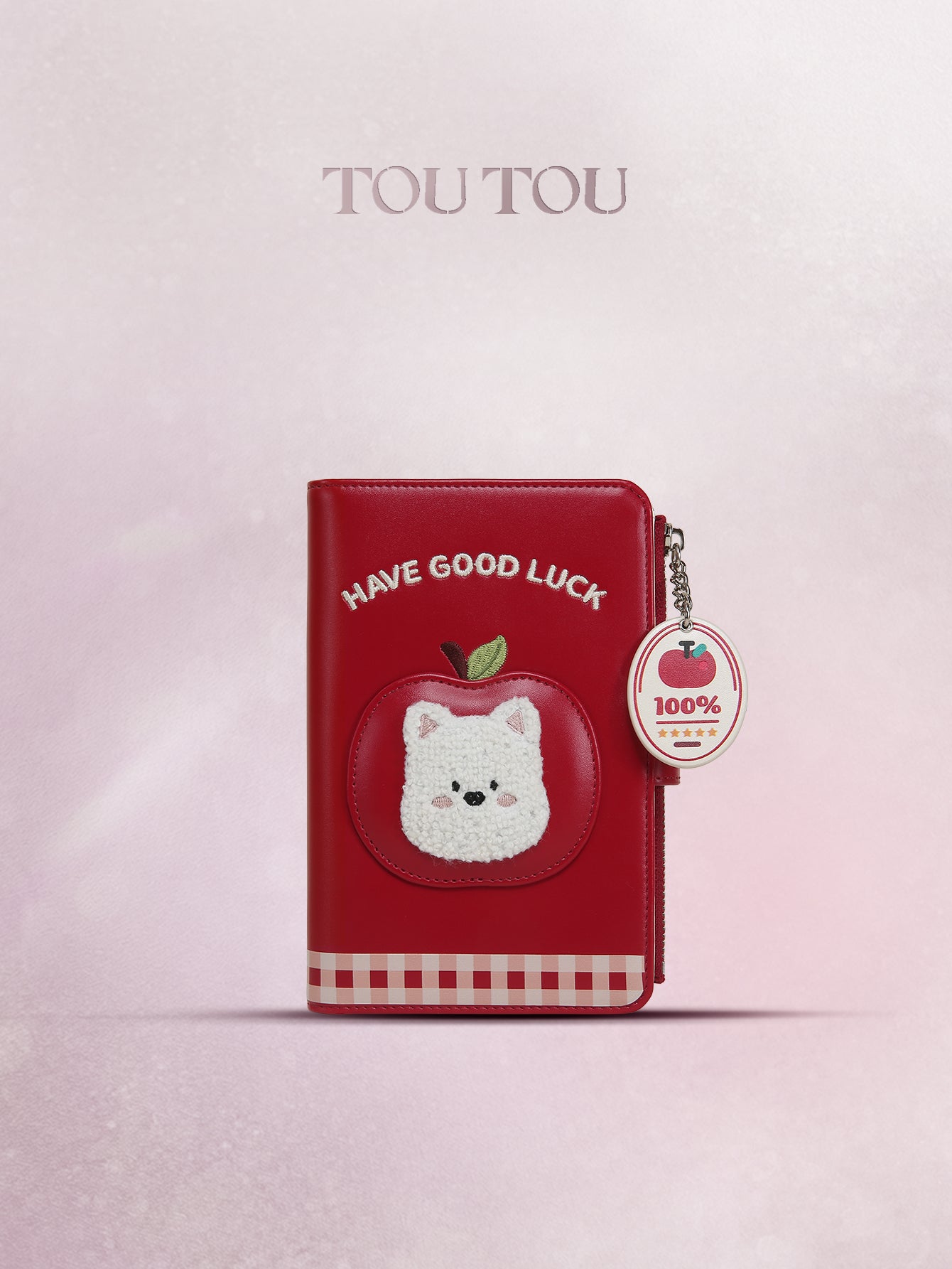 TOUTOU Cute Red “Have Good Luck” Wallet - Lucky Cat & Apple Charm, Multi-Slot Organizer for Cards, Cash & Passport