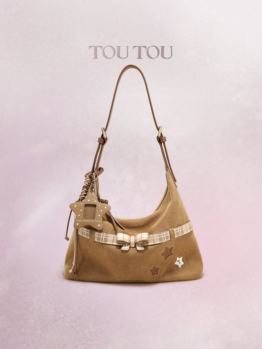 TOUTOU Cute Star & Bow Hobo Bag for Women - Brown Suede-Like Shoulder Bag with Multiple Pockets