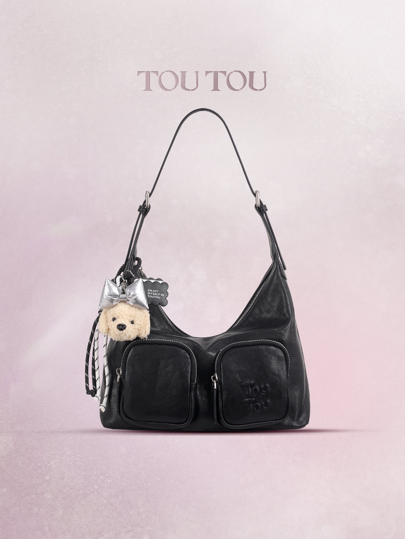 TOUTOU Black Hobo Bag with Plush Bear Pendant: Edgy & Cute