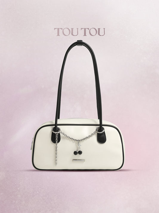 TOUTOU White Shoulder Bag: Cherry Chain Detail & Retro Charm