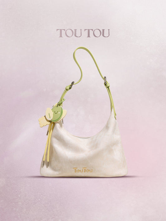 TOUTOU Beige Hobo Bag: Cute Fruit Pendant & Adjustable Strap