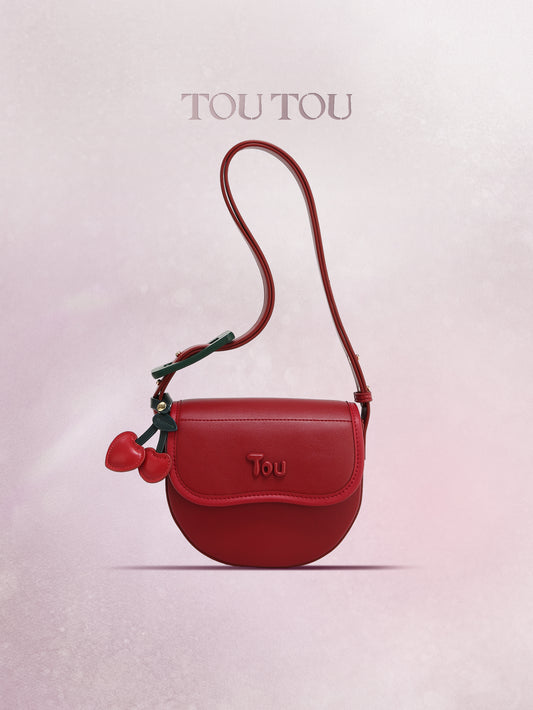 TOUTOU Red Saddle Bag: Cherry Accents & Adjustable Strap