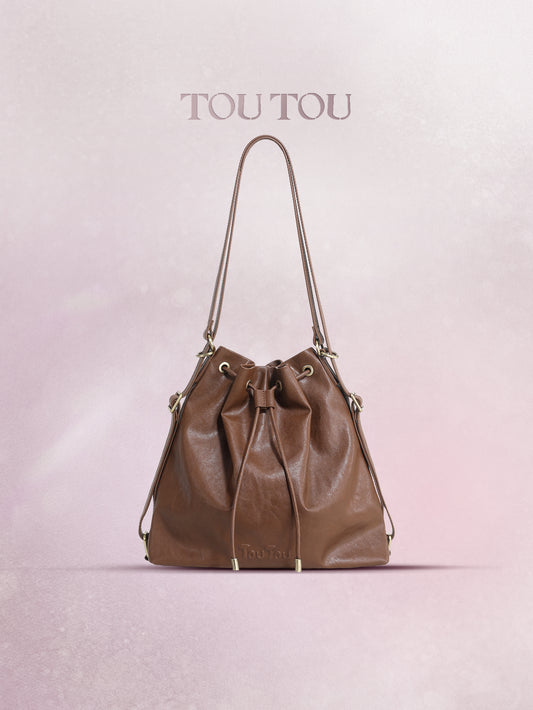 TOUTOU Cowhide Bucket Bag for Women - Drawstring Closure, Adjustable Strap Leather Shoulder Handbag