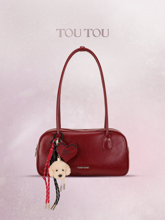 TOUTOU Red Faux Leather Shoulder Bag - Plush Dog & Heart Charm, Retro Barrel Bag