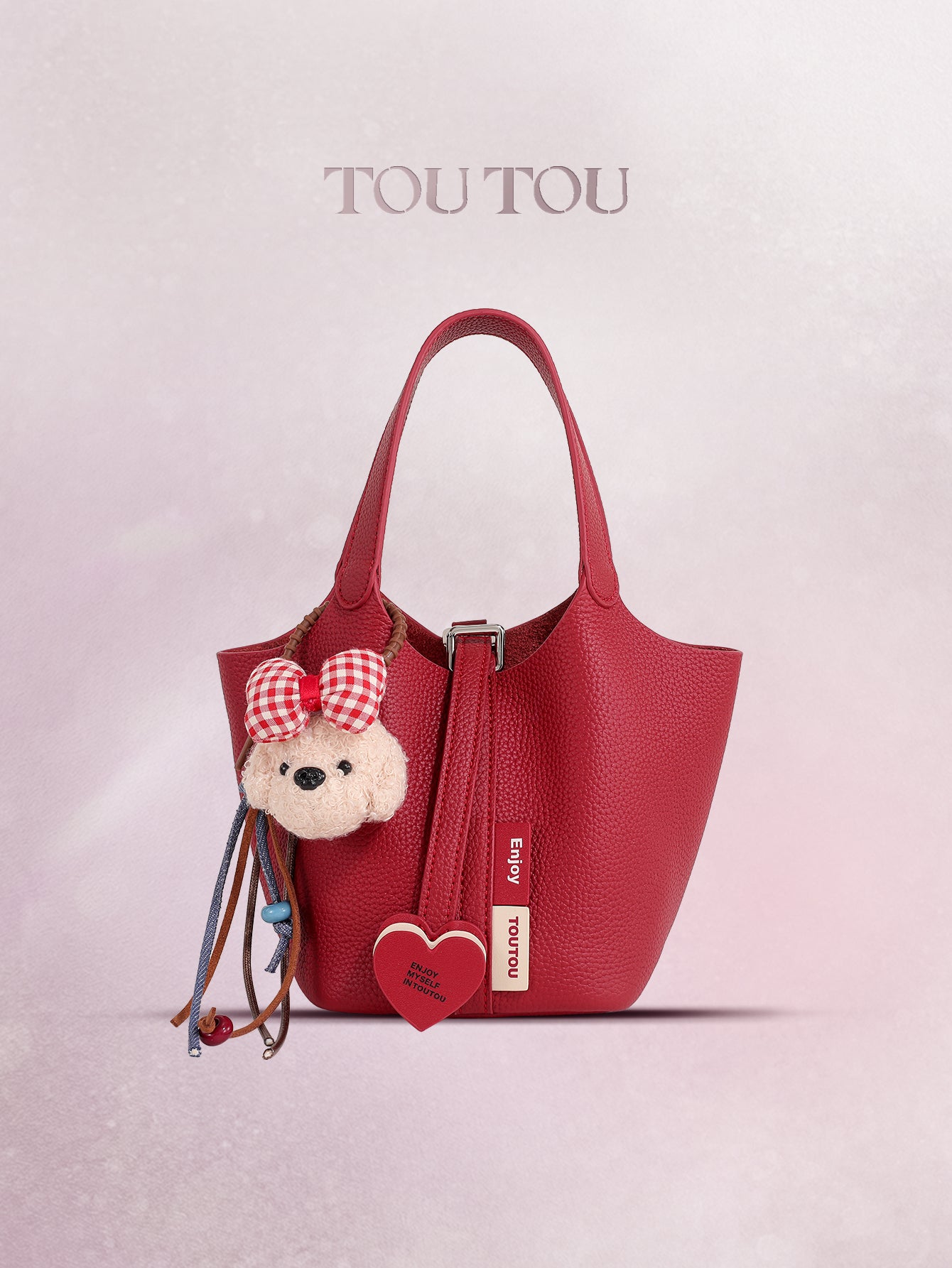 TOUTOU Red Cowhide Bucket Bag: Cute Teddy Charm & Versatile Style